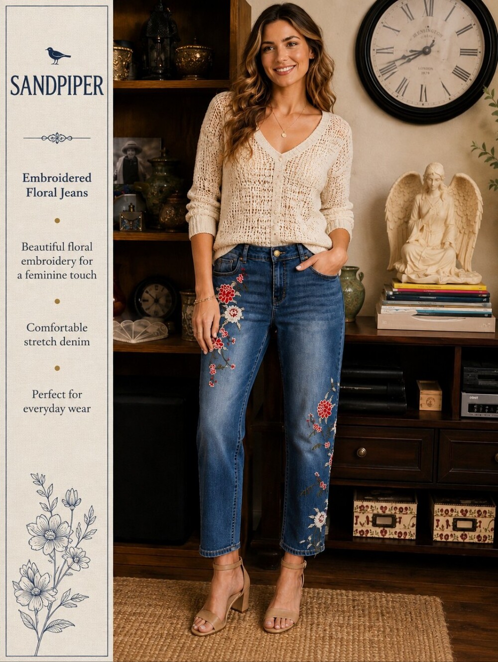 Sandpiper Embroidered Floral Straight Leg Jeans Blue Mid Rise Denim Size 18